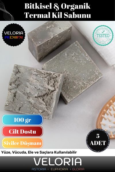 Veloria Premium Series 100% Natural Organic Facial Hair Body Skin Balancing Beautifully Scented Thermal Clay Soap 5 Pieces