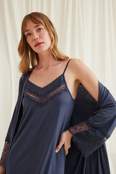 MONAMİSE Women's Low-Cut Collar and Sleeves Lace Dressing Gown Nightgown Set 18507