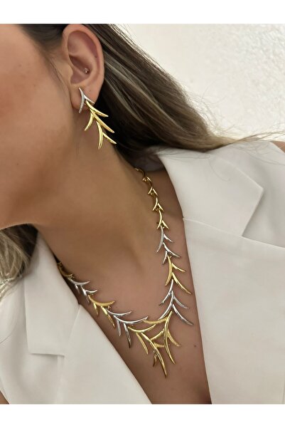 MyladyAccessoriess Çift Renk Detaylı Yaprak Set Takı (Gümüş Kaplama)