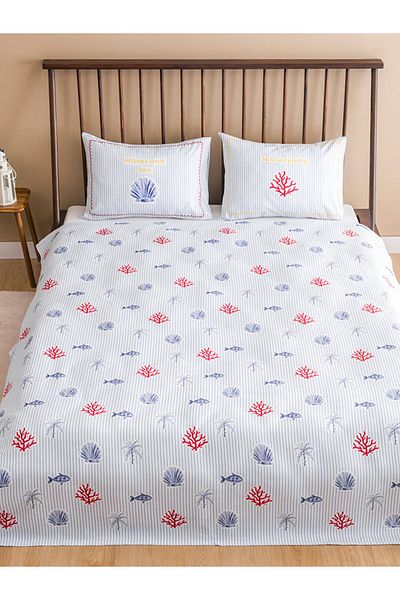 LC Waikiki Blue-Red Printed 100% Cotton Double Pique Set 200X220 cm