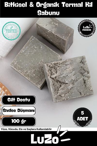 LuZo Premium Series 100% Natural Organic Facial Hair Body Skin Balancing Beautifully Scented Thermal Clay Soap 5 Pieces