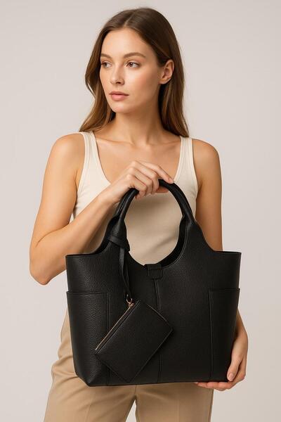 Timeless Premium Deri Görünümlü Çok Gözlü Kadın Omuz ve El Çantası (Cüzdan Hediyeli)