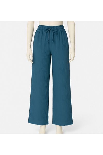 Palal Women's Petrol Blue Muslin Wide Leg Trousers