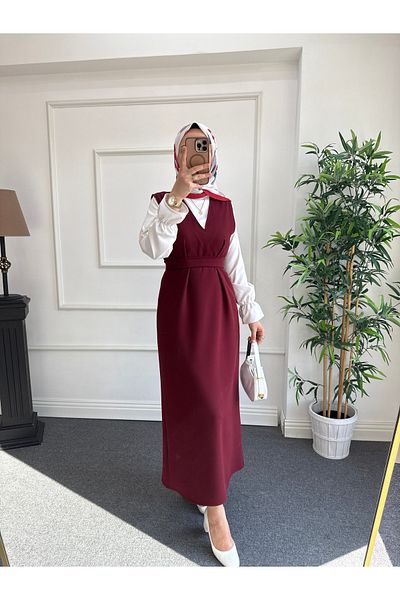 Nisa Nalbantoğlu Burgundy Crepe Hijab Plain Gilet