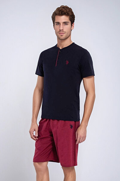 U.S. Polo Assn. Erkek Çeyizlik Damat Pijama Takımı, Sabahlık & Alt Üst Şort Takım 5 Parça - Bordo