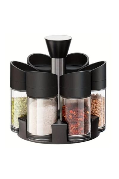 Rovitech Set of containers for herbs and spices placed on a rotating stand, Plastic, Black