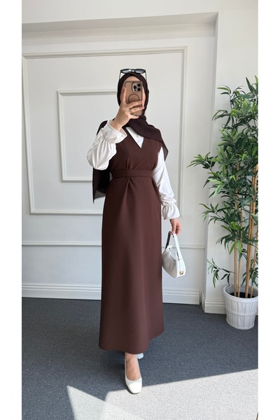 Nisa Nalbantoğlu Καφέ κρεπ Hijab Απλό Gilet