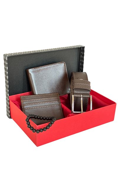 Tisaati Premium Series Special Boxed Luxury Leather Classic Wallet Belt Card Holder and Bracelet Men's Set