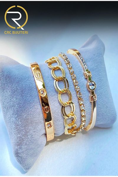 Crc Bijuteri Women's Gold Color 4-Piece Combination Bracelet Set – Stone, Chain and Handcuff Models