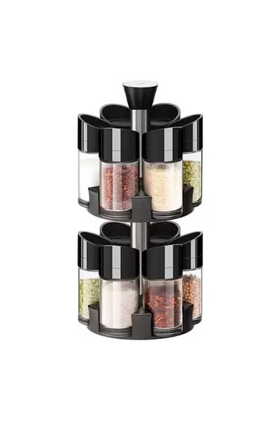 Rovitech Set of containers for herbs and spices placed on a rotating stand, Plastic, Black, 12 containers