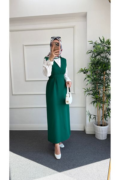 Nisa Nalbantoğlu Σμαραγδένιο κρεπ Hijab Απλό Gilet