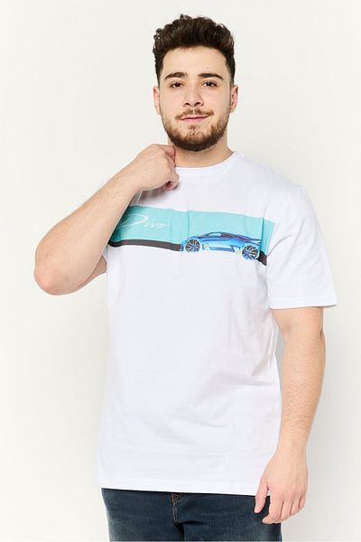 BUGATTI Men Crew Neck Short Sleeve Graphic Print T-Shirt, White Combo