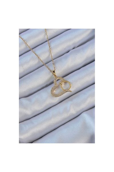 Skygo 316L Steel Chain Gold Color Heart Necklace with Zircon Stone Ring - Tj-Bko9145