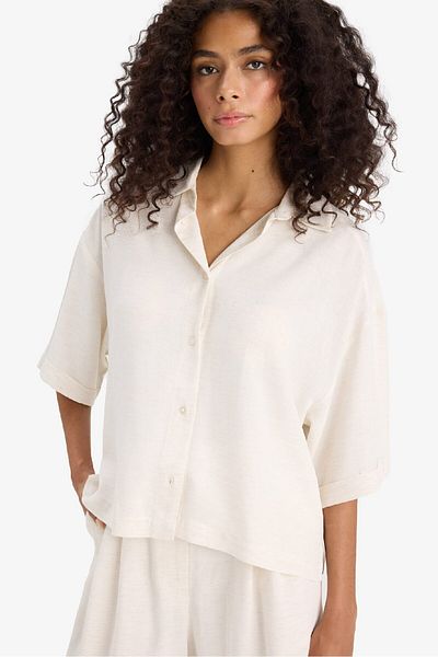 DeFacto Oversize Loose Fit Λινό Μικτό κοντομάνικο πουκάμισο F6377AX25SM
