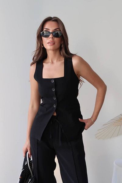 BE CHİC Women's High Waist Palazzo Pants and Buttoned Square Collar Linen Vest 2-Piece Set Sg70002