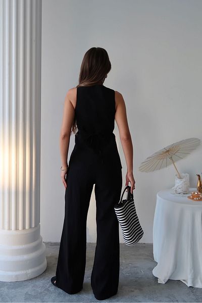 BE CHİC Women's High Waist Palazzo Pants and Buttoned Square Collar Linen Vest 2-Piece Set Sg70002