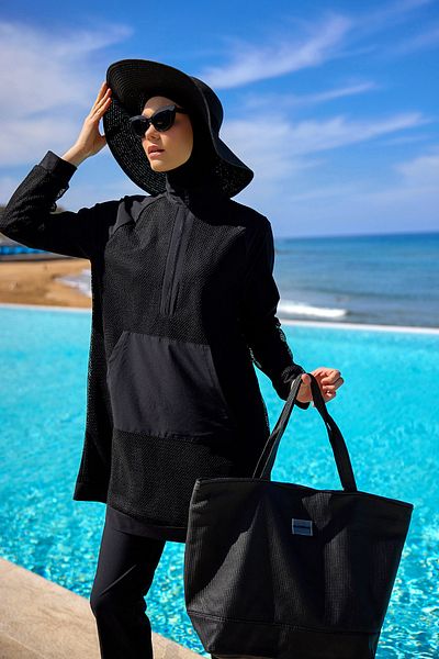 Marina Swimwear Black Full Covered Hijab Swimsuit Tulle Detail, Fastening, Modern Design M2534-1