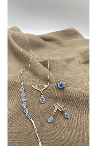 SURA SILVER AKUAMARİN DAMLA MODEL 925 AYAR GÜMÜŞ SET (KOLYE,KÜPE,BİLEKLİK VE ...