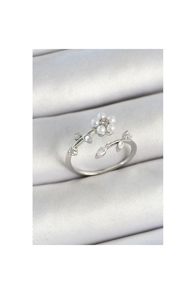 Skygo Silver Color Adjustable Women's Ring with Daisy Figure Zircon Stone with Rice Pearl Detail - Tj-Byk3771