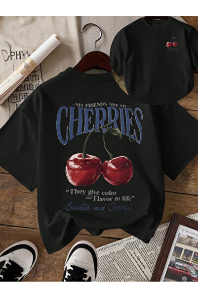 Framgan Unisex Erkek/Kadın CHERRIES Özel Baskılı Oversize Pamuklu Bisiklet Ya...