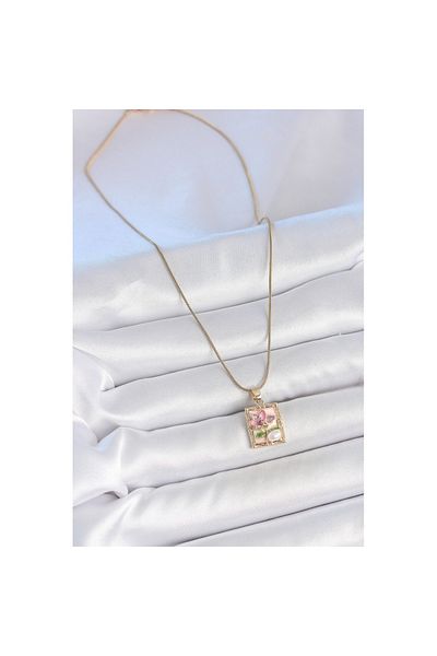 Skygo 316L Steel Gold Color Pink Enamel Flower Embroidered Pearl Detail Portrait Model Women's Necklace - Tj-Bko10145