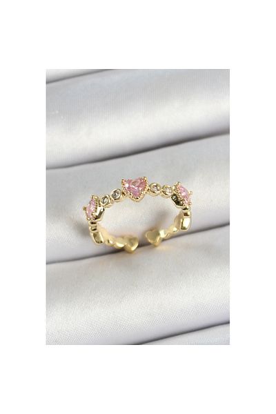 Skygo Brass Row Heart Figured Zircon Stone Gold Color Adjustable Women's Ring - Tj-Byk3756