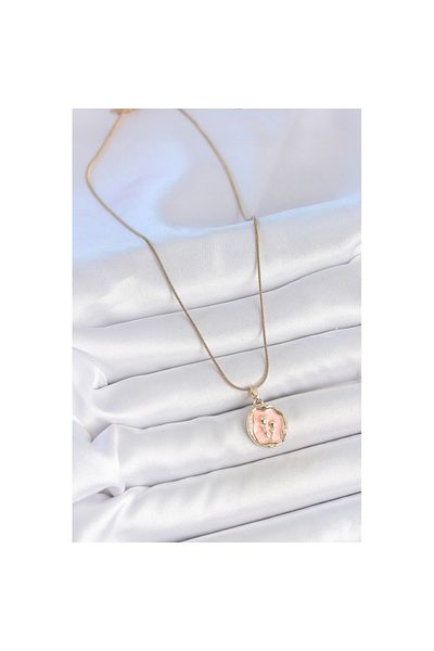 Skygo 316L Steel Gold Color Chain Pink Enamel Flower Embroidered Portrait Model Women's Necklace - Tj-Bko10165