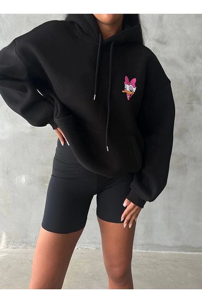 ufukmoda 3 Thread Hooded Oversize Compact Duck Printed Sweat Black