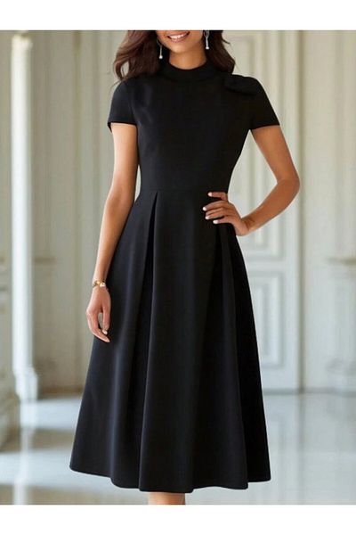 İpeksi Silky Women's Short Sleeve Semi Turtleneck Pleated Janjan Crepe Midi Dress