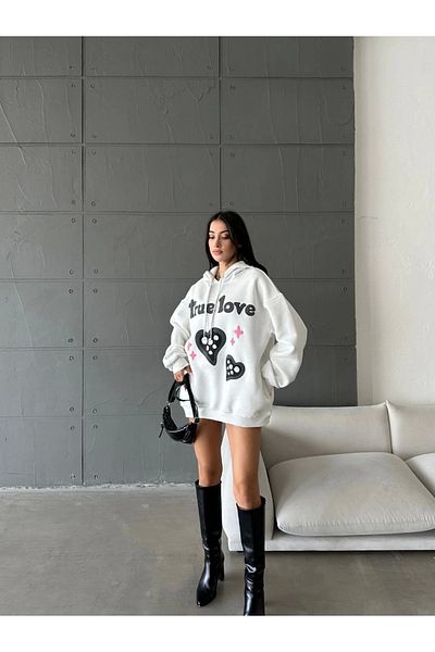 ufukmoda 3 Thread Hooded Oversize Compact True Printed Sweat White