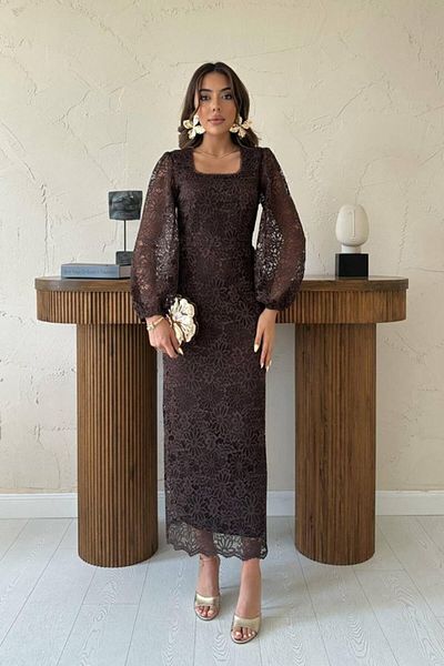 MRA Fashion Brown Guipure Detailed Lace Dress