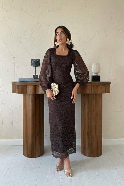 MRA Fashion Brown Guipure Detailed Lace Dress