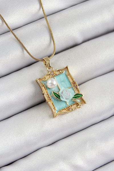 shopwave 316L Steel Chain Turquoise Artistic Portrait Pearl Detailed Rose Figured Model Gold Color Women's Necklace