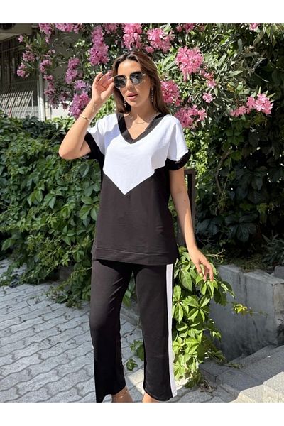 nedo7 Women's Short Sleeve V-Neck Black White Color Viscose Two Thread Fabric Tracksuit Set