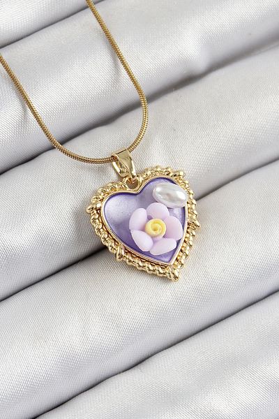 shopwave 316L Steel Chain Purple Artistic Portrait Pearl Detailed Daisy Figured Heart Model Gold Color Women's Necklace