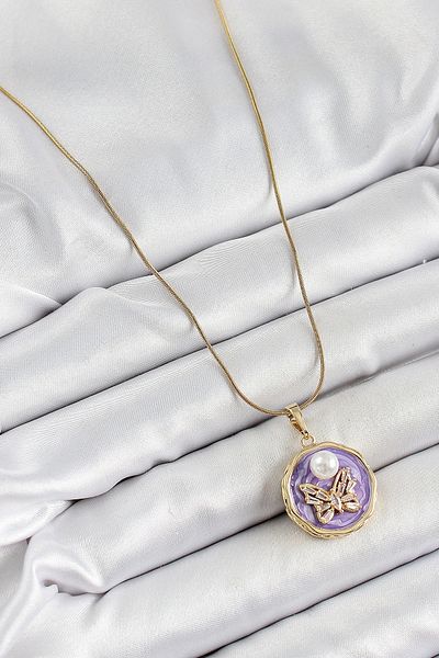 shopwave 316L Steel Chain Zircon Stone Purple Artistic Portrait Pearl Detailed Butterfly Model Gold Color Women's Necklace