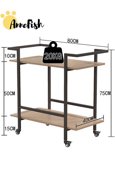 AnneFish 80*40*75cm 2 Tier Rolling Service Trolley Cart with Wheels Beverage Cart Protective Rails Kitchen