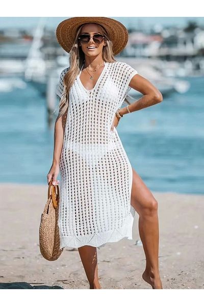 nedo7 Women's Zero Sleeve V Neck Side Deep Slit Midi Length Knitwear Dress