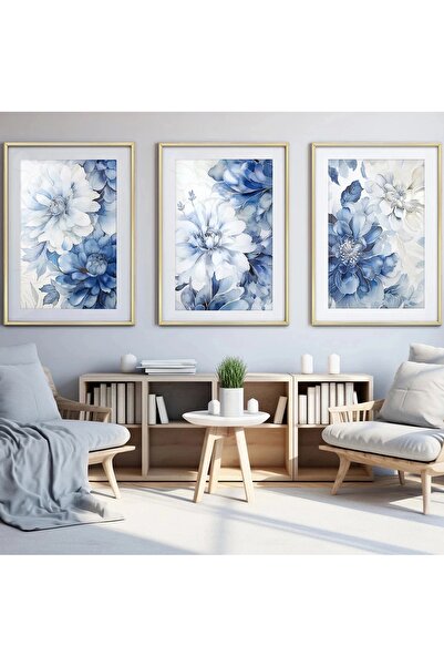 KOLAJTASARIM Modern ve Mavi Çiçek Desenli Sanatsal Gold Metal Çerçeveli Cam T...