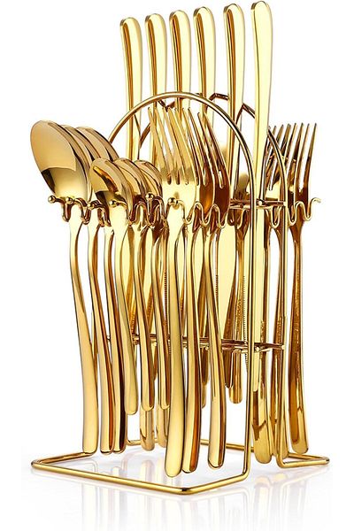 COOYA 24-Piece Cutlery Set With Storage Holder Gold