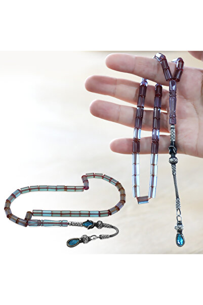 Tesbihane سبحة من الفضة الإسترليني عيار 1000 من Kazaz مزينة بشراشيب منقوشة باللون الفيروزي والنار والعنبر