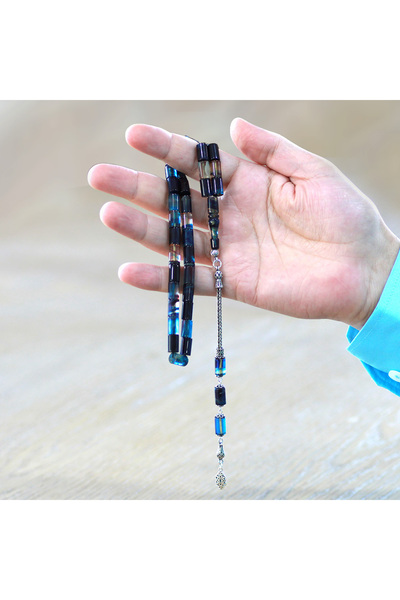 Tesbihane 925 Ayar Gümüş Püsküllü Kesme Kesim Mavi Beyaz Ateş Kehribar Tesbih