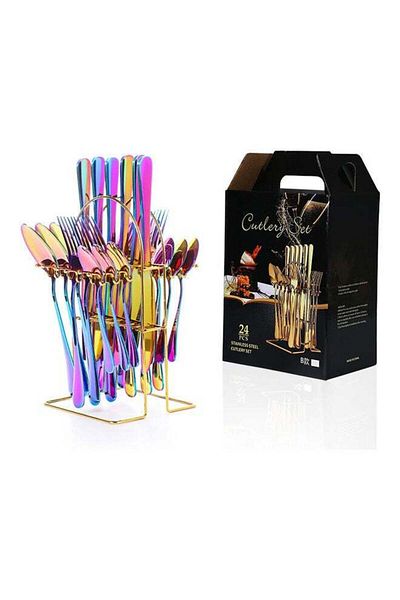 COOYA 24-Piece Stainless Steel Cutlery Set with Storage Holder Multicolour