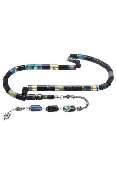 Tesbihane 925 Ayar Gümüş Püsküllü Kesme Kesim Mavi Beyaz Ateş Kehribar Tesbih