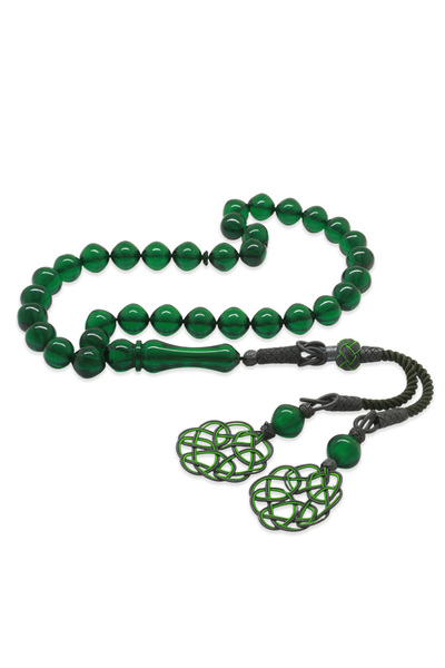 Tesbihane Ασημένιο 1000 καρατίων ιδιαίτερα ειδικό ροζάριο με φούντα Καζάζ, κομμένο στην Κωνσταντινούπολη, πράσινο φωτεινό κεχριμπάρι