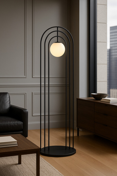 Vinner ArcoLux Modern Lambader – Siyah Gövde & Opal Cam Küre | 3 Kemerli Özel Tasarım