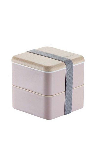 COOYA Square Lunch Box Double Layer Wooden Lunch Box with Tableware Adult Student Lunch Box 1.4L Pink