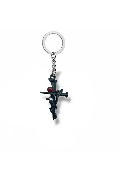 Herşey Nota Rose and Thorn Wrapped Gothic Cross Figured Keychain – Black Color Unisex Metal Accessory