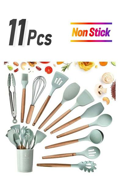 COOYA Non-Stick Silicone Cooking Utensils Set Mint Green 12.5x12.5x33cm 11-Piece