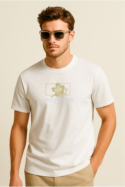 Jack & Jones Men's Crew Neck Logo Printed T-Shirt White